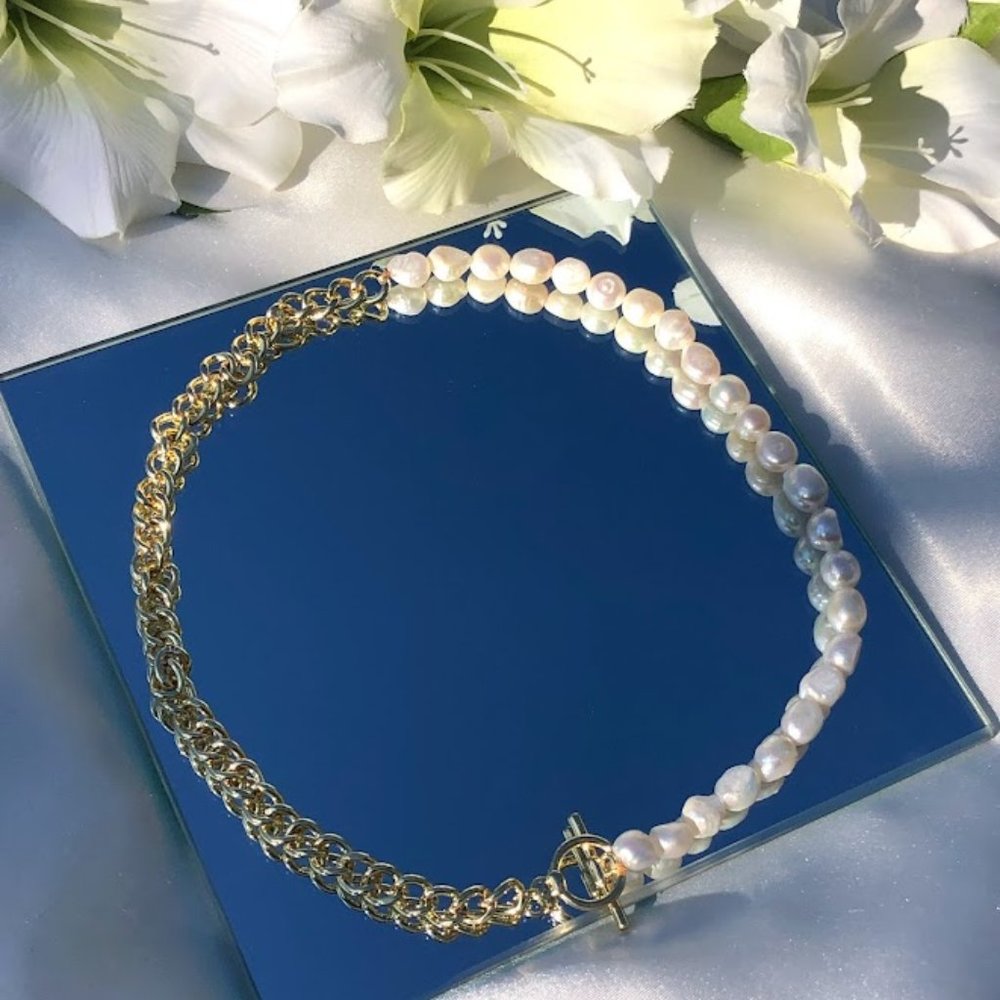 half freshwater pearl half cuban 14k gold plated chain choker/necklace
